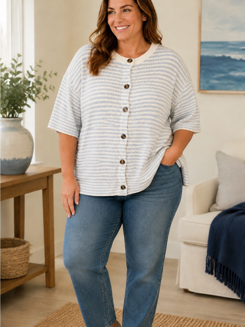 Design History Blue and White Striped Button-Front Cardigan